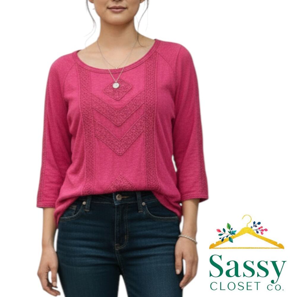 Soft Surroundings Pink Textured 3/4 Sleeve Top Round Hem Size S EUC